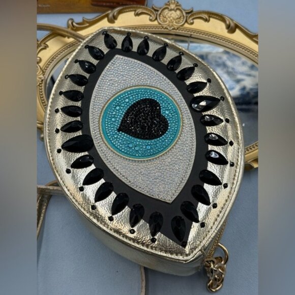 🆕 BETSEY JOHNSON 🧿 NWOT Eyes Have It, Gold Evil Eye Bead Crossbody Bag *FLAW* - Picture 10 of 16